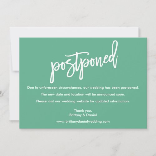 Brush Script Wedding Postponed Neo Mint Card