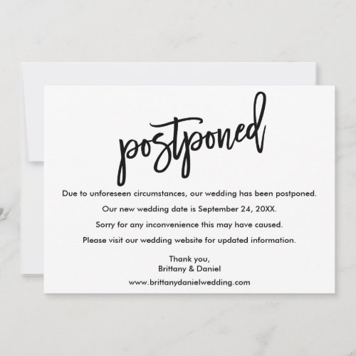 Brush Script Wedding Postponed New Date Card