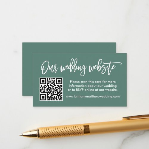Brush Script Wedding Website QR Eucalyptus Green Enclosure Card