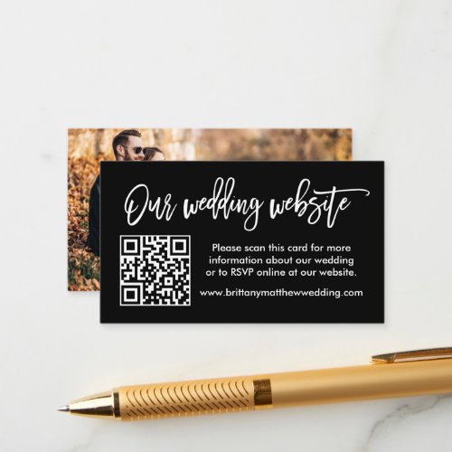 Brush Script Wedding Website QR Photo Black Enclosure Card