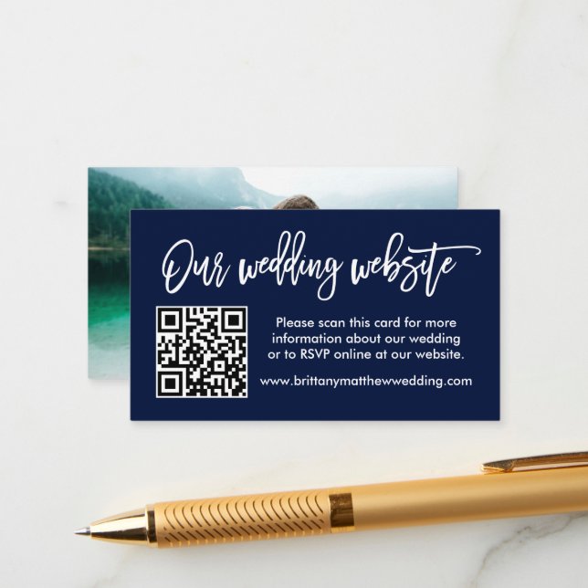 Brush Script Wedding Website QR Photo Blue Enclosure Card (Front/Back In Situ)