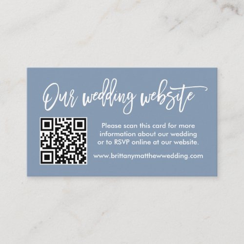 Brush Script Wedding Website QR Photo Dusty Blue Enclosure Card