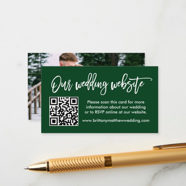 Brush Script Wedding Website QR Photo Green Enclosure Card (Front/Back In Situ)