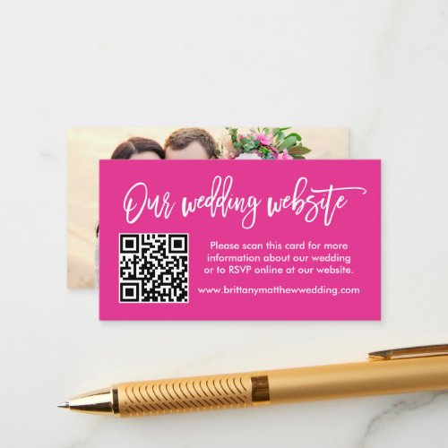 Brush Script Wedding Website QR Photo Hot Pink Enclosure Card
