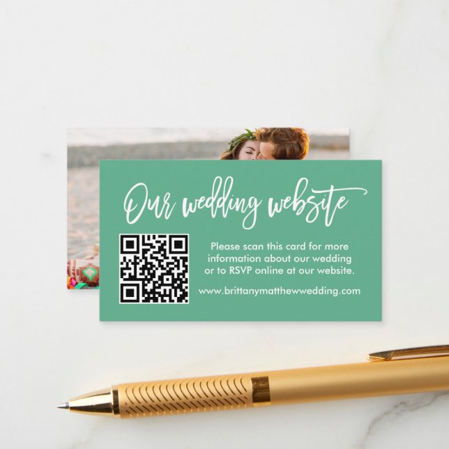 Brush Script Wedding Website QR Photo Mint Green Enclosure Card (Front/Back In Situ)