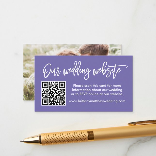 Brush Script Wedding Website QR Photo Periwinkle Enclosure Card (Front/Back In Situ)