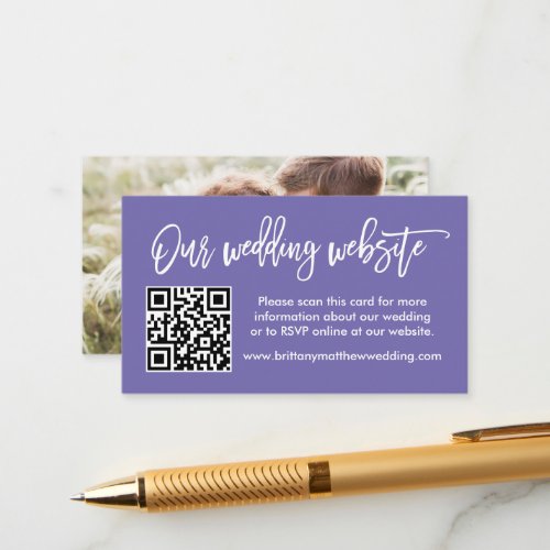 Brush Script Wedding Website QR Photo Periwinkle Enclosure Card