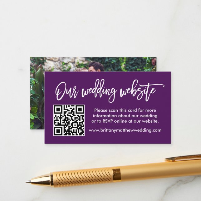 Brush Script Wedding Website QR Photo Purple Enclosure Card (Front/Back In Situ)