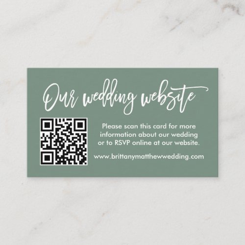 Brush Script Wedding Website QR Photo Sage Green Enclosure Card
