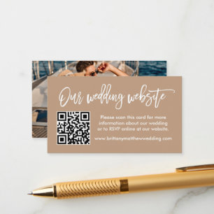 Brush Script Wedding Website QR Photo Taupe Enclosure Card