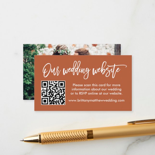 Brush Script Wedding Website QR Photo Terracotta Enclosure Card (Front/Back In Situ)