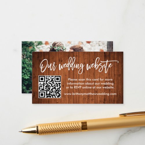 Brush Script Wedding Website QR Wood Photo Enclosure Card