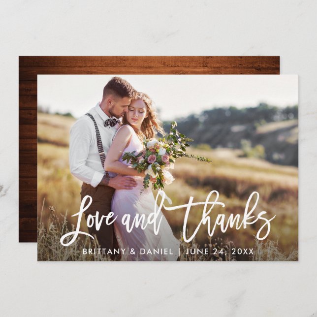 Brush Script Wedding Wood Love and Thanks Card (Front/Back)