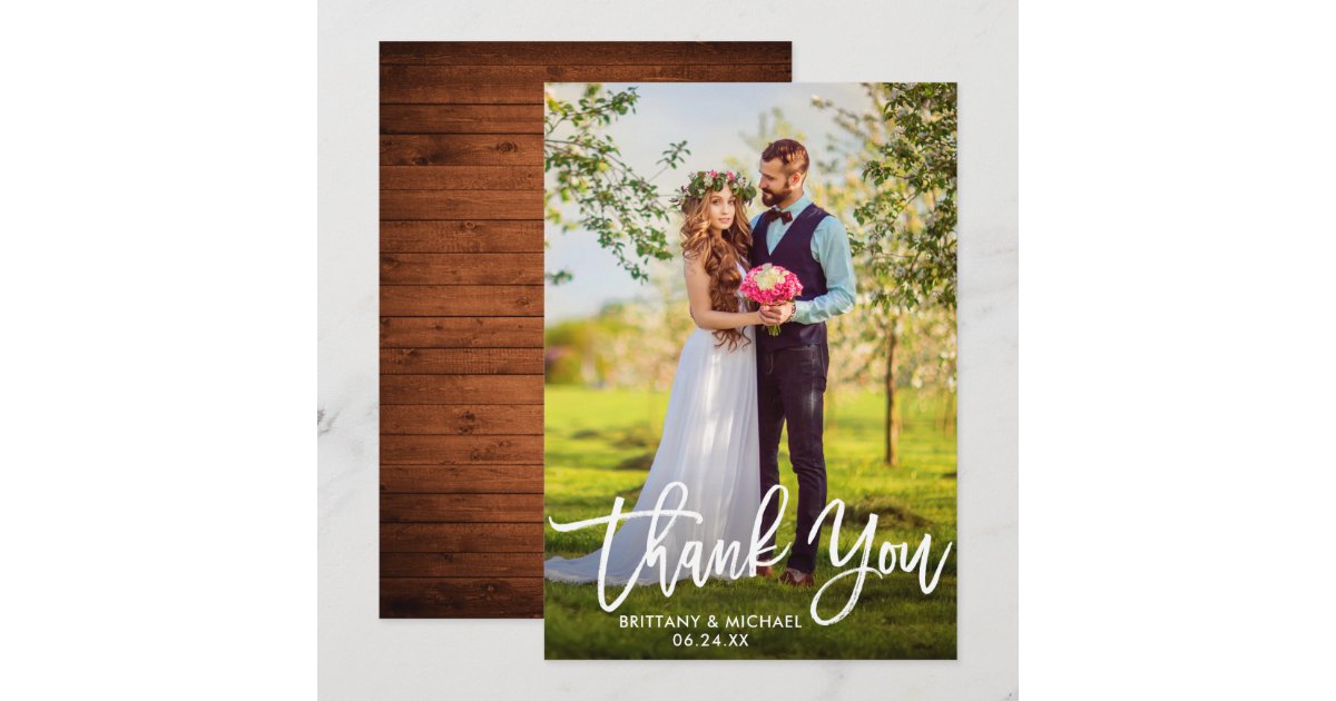 Brush Script Wedding Wood Photo Thank You Card W | Zazzle