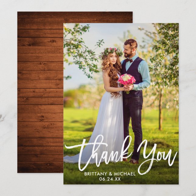 Brush Script Wedding Wood Photo Thank You Card W (Front/Back)