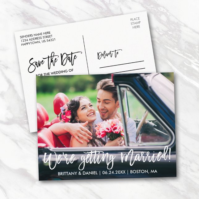Brush Script We're Getting Married Save the Date Postcard (Customize to change your personalized text size or text style.)