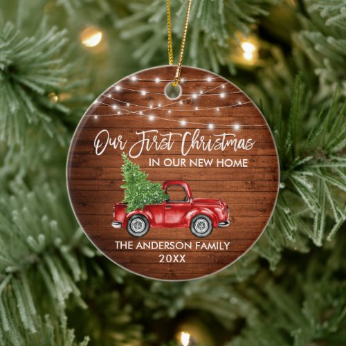 Brush Script Wood 1st Christmas Home Truck Lights Ceramic Ornament