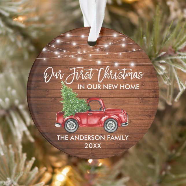 Brush Script Wood 1st Christmas Home Truck Lights Ornament (Tree)