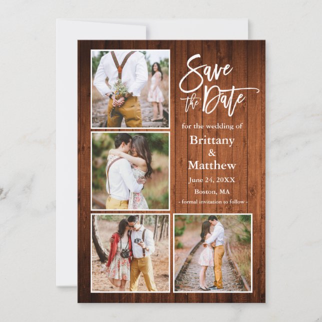 Brush Script Wood 4 Photo Engagement Save The Date (Front)