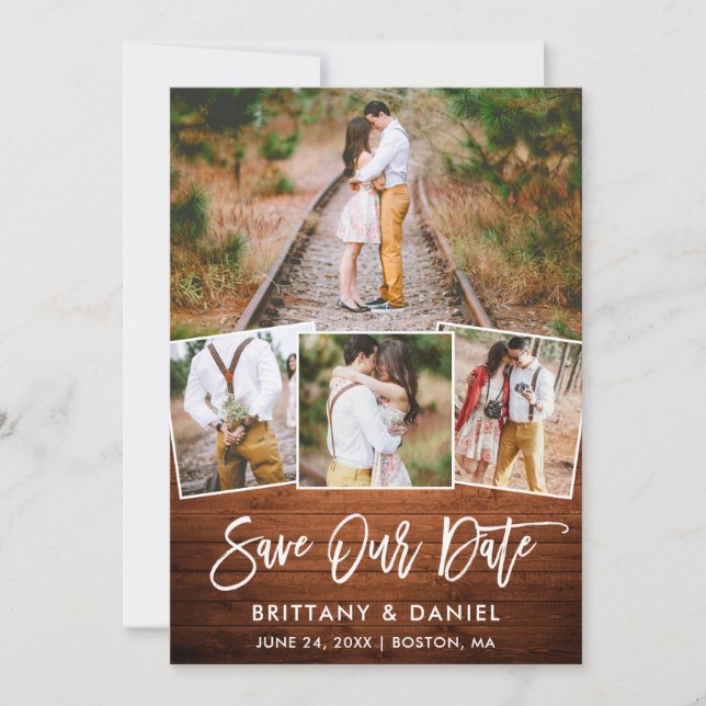 Brush Script Wood 4 Photo Save Our Date Card (Front)
