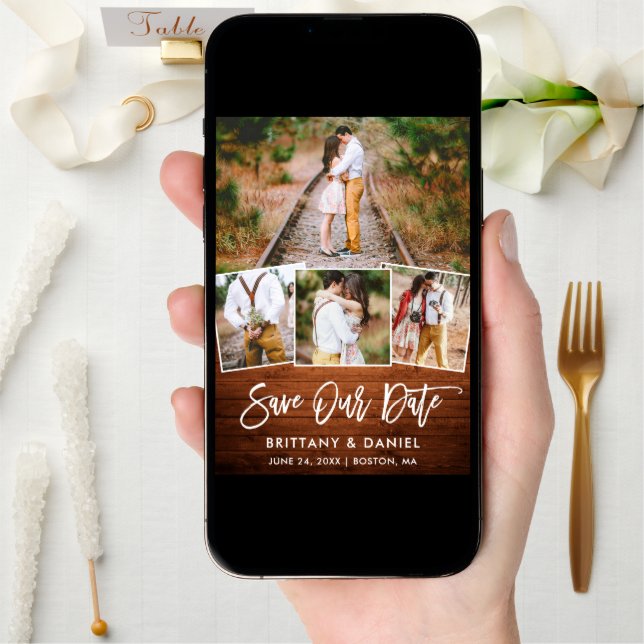 Brush Script Wood 4 Photo Save Our Date Card (Front Digital)