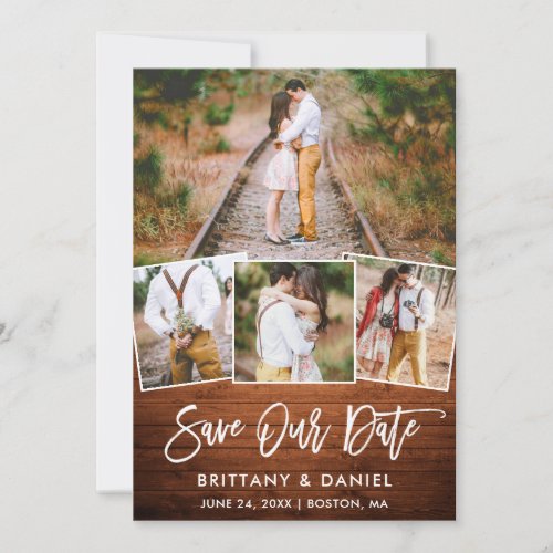 Brush Script Wood 4 Photo Save Our Date Card