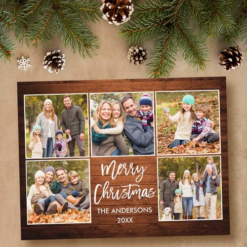 Brush Script Wood Christmas Family 5 Photo Postcard