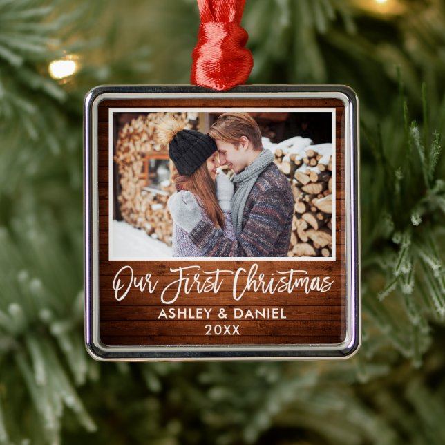 Brush Script Wood Couple Our First Christmas Metal Ornament (Tree)