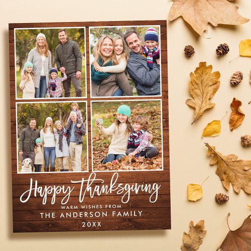 Brush Script Wood Family 4 Photo Thanksgiving Postcard