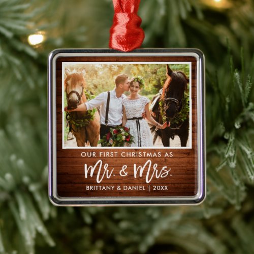 Brush Script Wood First Christmas Mr and Mrs Metal Ornament