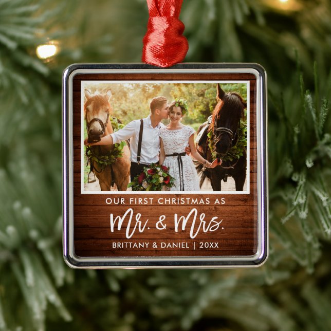 Brush Script Wood First Christmas Mr. and Mrs. Metal Ornament (Tree)