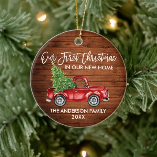 Brush Script Wood First Christmas New Home Truck Ceramic Ornament