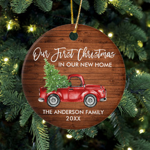 Brush Script Wood First Christmas New Home Truck Ceramic Ornament