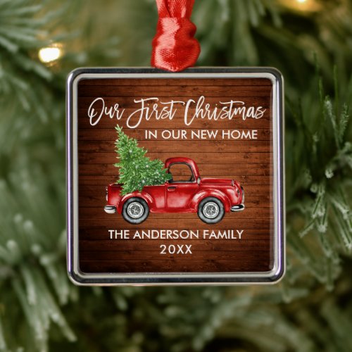 Brush Script Wood First Christmas New Home Truck Metal Ornament