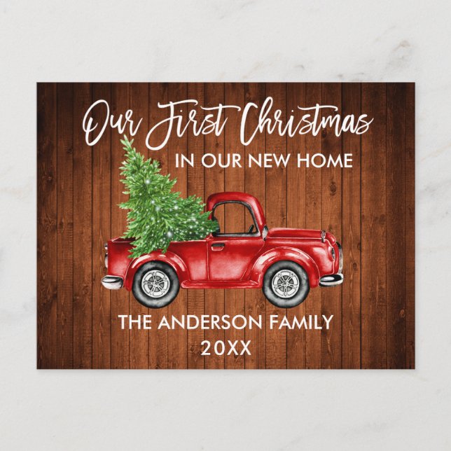 Brush Script Wood First Christmas New Home Truck Postcard (Front)