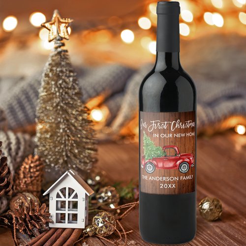 Brush Script Wood First Christmas New Home Truck Wine Label