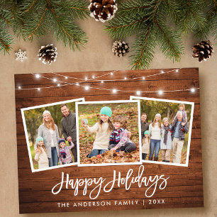 Brush Script Wood Lights 3 Photo Family Holiday Postcard