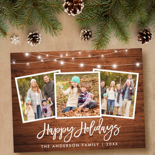 Brush Script Wood Lights 3 Photo Family Holiday Postcard