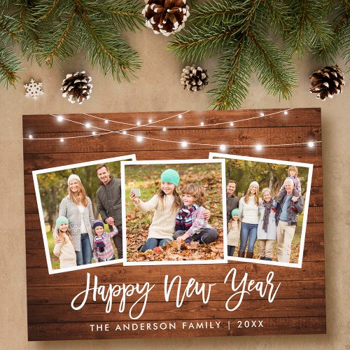 Brush Script Wood Lights 3 Photo Happy New Year Postcard