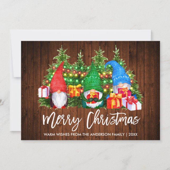 Brush Script Wood Lights Christmas Gnomes Holiday Card (Front)