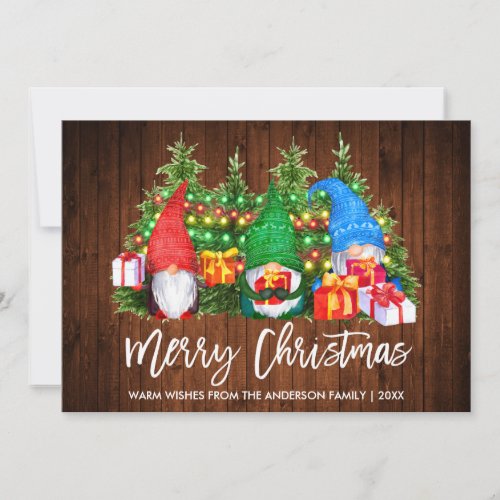 Brush Script Wood Lights Christmas Gnomes Holiday Card