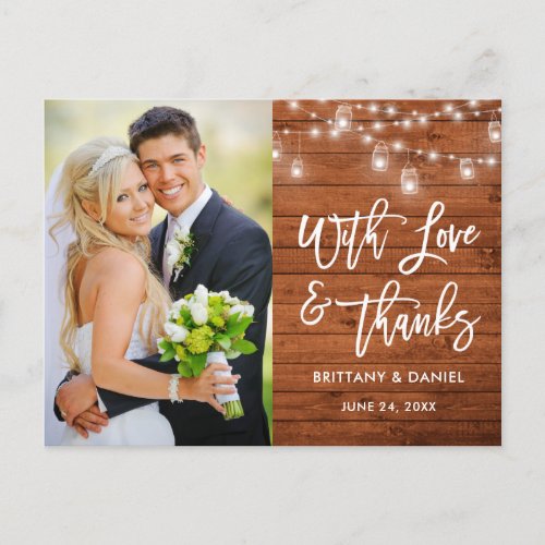 Brush Script Wood Lights Love and Thanks Wedding Postcard