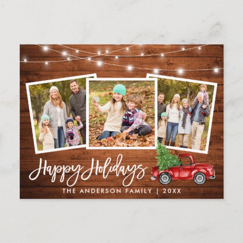 Brush Script Wood Lights Truck 3 Photo Holiday Postcard