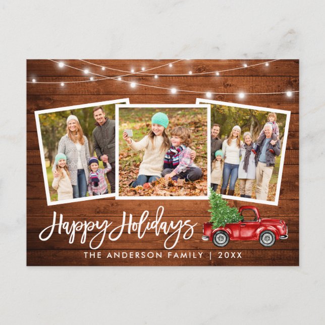 Brush Script Wood Lights Truck 3 Photo Holiday Postcard (Front)