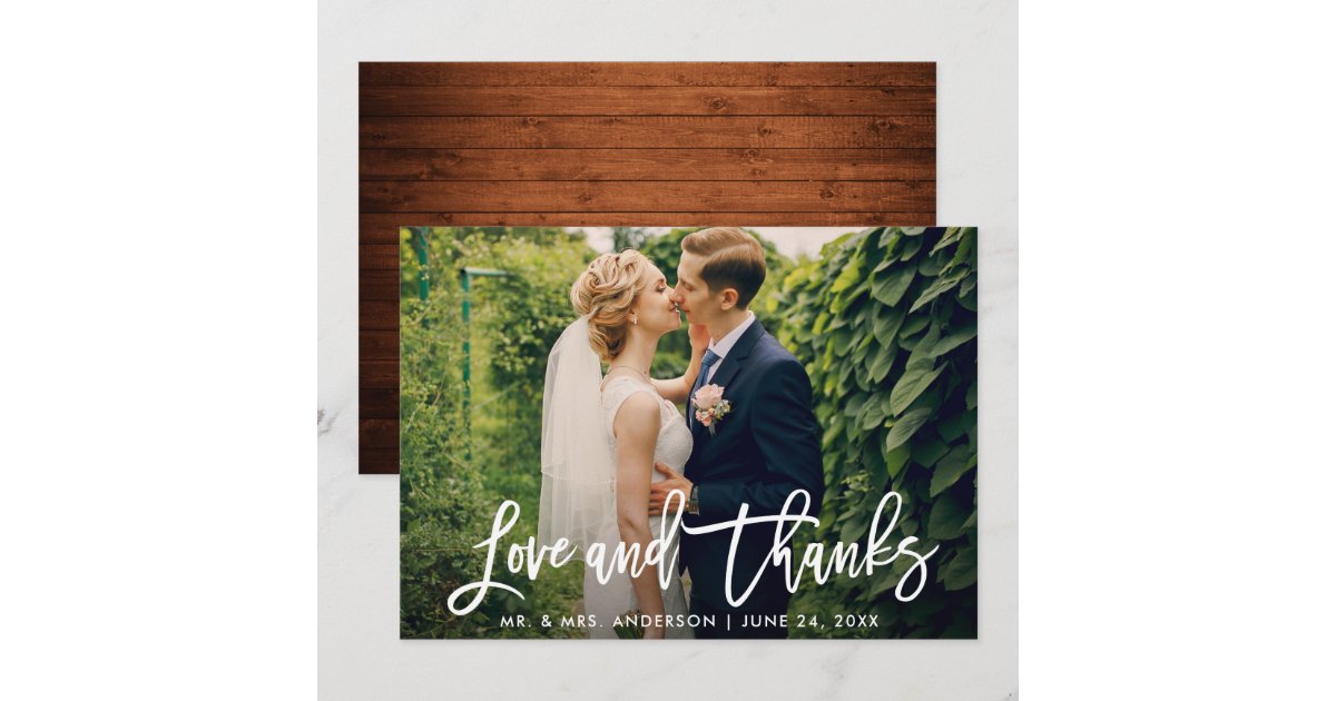Brush Script Wood Love and Thanks Wedding Card | Zazzle
