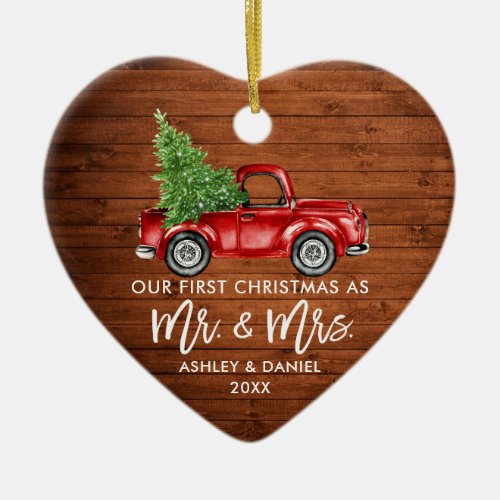 Brush Script Wood Red Truck First Christmas Heart Ceramic Ornament