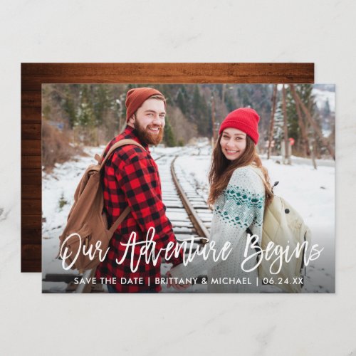 Brush Script Wood Save The Date Adventure Card