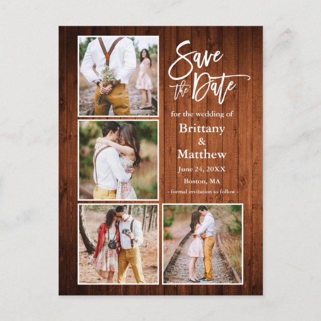 Brush Script Wood Save The Date Couple 4 Photo Postcard (Front)