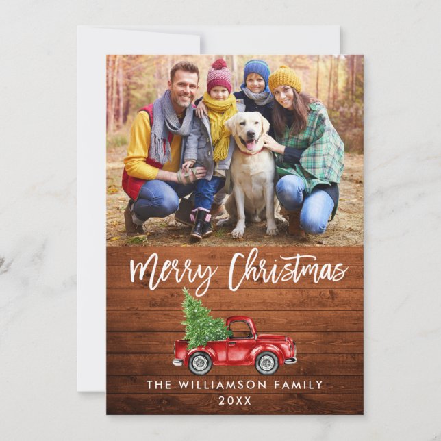 Brush Script Wood Vintage Truck Christmas Card (Front)