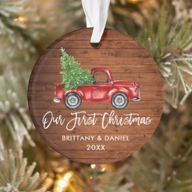 Brush Script Wood Vintage Truck First Christmas Ornament